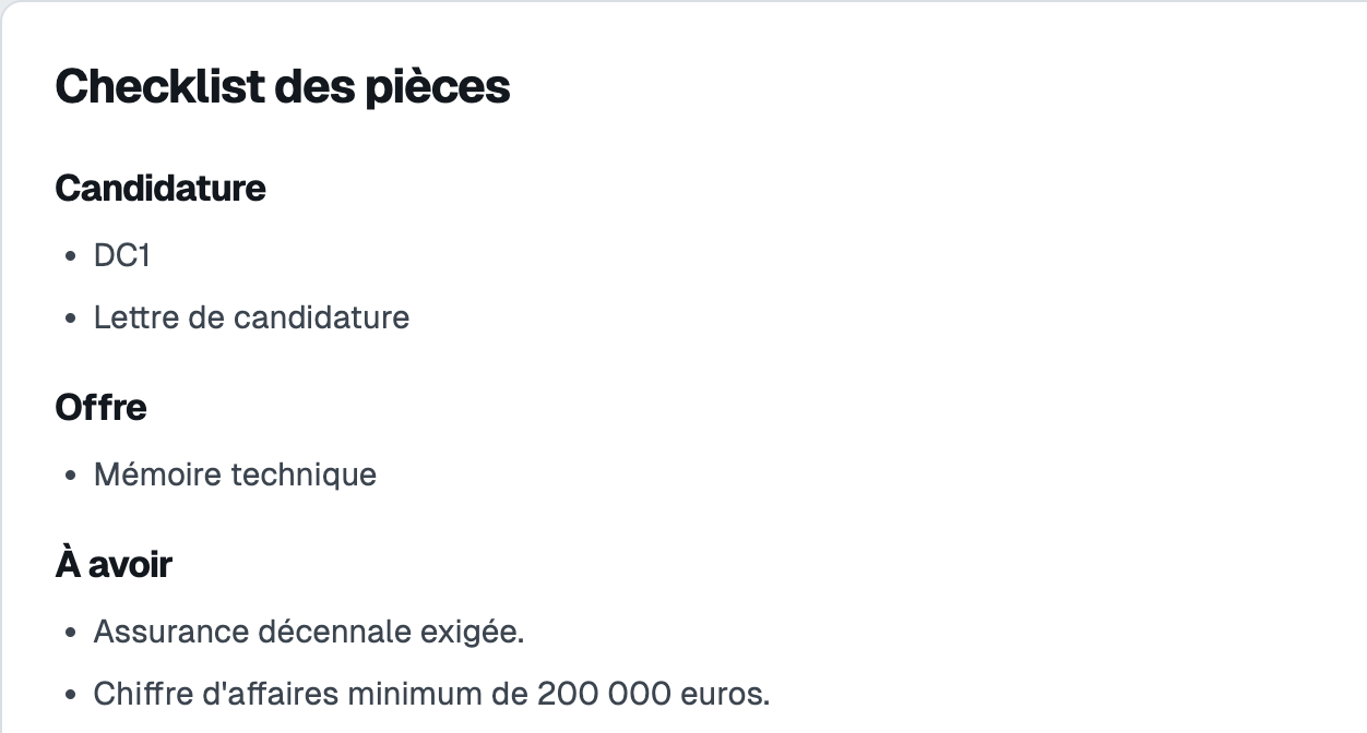 Checklist extraite d’un règlement de consultation : pièces à fournir et critères du marché.